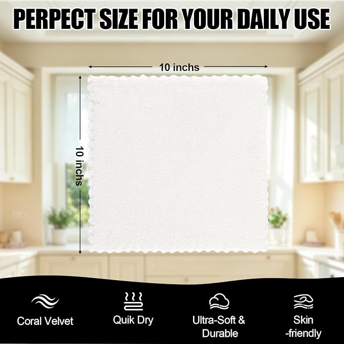 Kitinjoy 24 Pack Kitchen Cloths Dish Towels (10" x 10", White), Super Soft and Absorbent Dish Cloths, Nonstick Oil Fast Drying Coral Velvet Microfiber Cleaning