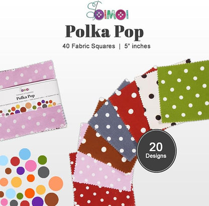 Soimoi 40Pcs 5" x 5" DIY Cotton Fabric Squares, 5" Layer Cake Fabric, Squares Patchwork, Pre-Cut Quilt Charm Pack, DIY Sewing Quarters Bundle, Quilting Bundles - Polka Pop