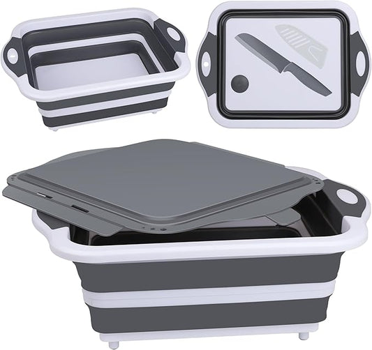 QiMH Collapsible BBQ Prep Tub, Picnic Basket with Lid Foldable Dish Basin, Washing and Draining Veggies Fruits, Food Grade Portable Cutting Board for Camping, Traveling, and Kitchen