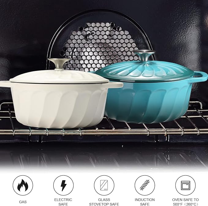 6 QT Enameled Cast Iron Dutch Oven with Lid, Non-Seasoning Enamel Coated Pot, 500°F Oven Safe, Dual Handles, Compatible with All Cooktops for Bread Baking, Braising & Stewing, White (BlueGreen, 6 QT)