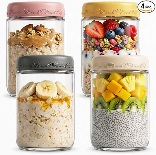 18oz 4Pack Glass Overnight Oats Jars Containers with Airtight Leakproof Lids, Reusable Mason Jars for Meal Prep, Yogurt Parfaits, Smoothies, Salads & Healthy Breakfasts (18 OZ-4-2)