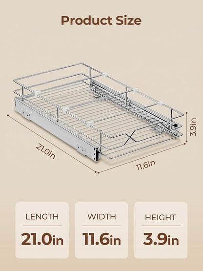 Pull Out Cabinet Organizer 11.6" x 21" D, Heavy Duty Smooth Sliding Under Cabinet Shelves for Pots and Pans, Slide Out Drawers For Kitchen Organizers and Storage, Pull Out Drawers for Kitchen Pantry