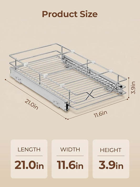 Pull Out Cabinet Organizer 11.6" x 21" D, Heavy Duty Smooth Sliding Under Cabinet Shelves for Pots and Pans, Slide Out Drawers For Kitchen Organizers and Storage, Pull Out Drawers for Kitchen Pantry