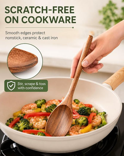 Wooden Cooking Spoons, 2-Piece Acacia Wood Kitchen Utensil Set, 12-Inch Large Mixing Spoons for Nonstick Cookware, Comfort Grip, Durable Natural Wood Spoons