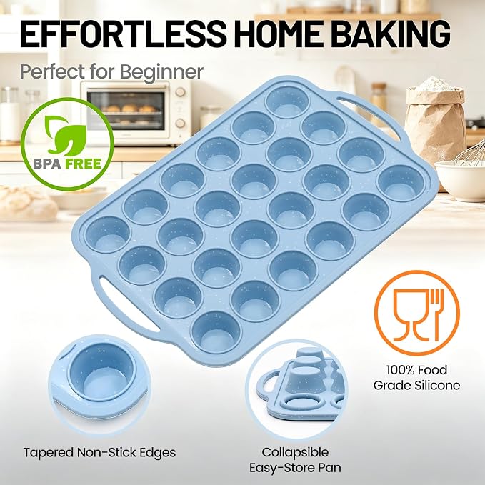 CAKETIME Mini Cupcake Pans, Metal Reinforced Frame Silicone Mini Muffin Pan Nonstick 24 Cups Easy to Handle for Baking Muffins, Cupcakes, Egg Bites 1 Pack