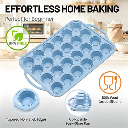 CAKETIME Mini Muffin Pan, Metal Reinforced Frame Mini Cupcake Pans 24 Cups Nonstick Muffin Silicone Molds with Handle for Baking Muffins, Cupcakes, Egg Bites 2 Pack