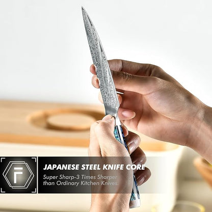 Fanteck Damascus 5 inch Chef Knife Utility Knife,Japanese VG10 Steel Kitchen Petty Knife,Professional Paring Knives High Carbon Super Sharp, 67-Layer with Full Tang Abalone Shell Handle & Wooden Cover