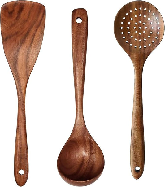 TTVOVO Wooden Spoons for Cooking, 10 Pcs Wooden Cooking Utensils Set – Wooden Utensil Set for Nonstick Pans & Cookware 3Pcs