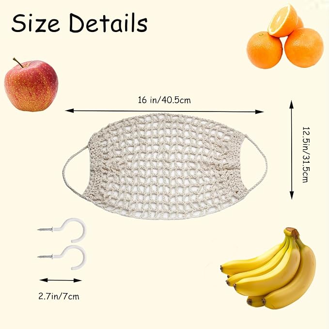 2 Pack Macrame Woven Hanging Fruit Hammock,13×16in Premium Cotton Fruit Basket with 8 Hooks Under Cabinet Hanging Storage Net for Fruit Veggie Kitchen Home Boat RV (Beige)