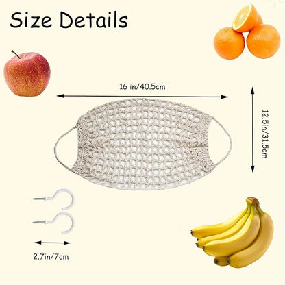 2 Pack Macrame Woven Hanging Fruit Hammock,13×16in Premium Cotton Fruit Basket with 8 Hooks Under Cabinet Hanging Storage Net for Fruit Veggie Kitchen Home Boat RV (Beige)