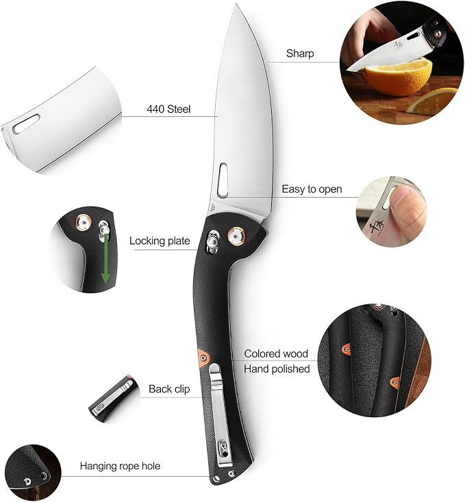 SENBON 440 Stainless Steel Super Sharp Pocket Folding Chef Knife - Peeling, Utility, Fruit Knife - G10 Handle - Camping, Barbecue, Outdoor - Clip