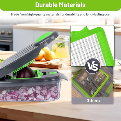 13-in-1 Vegetable Chopper, Full-Function Onion Chopper Slicer Dicer with Decorative Molds, 1.5L Container, Hand Guard and Blade Storage for Party and Lunchbox Prep, Gray Green(Grey & Green)