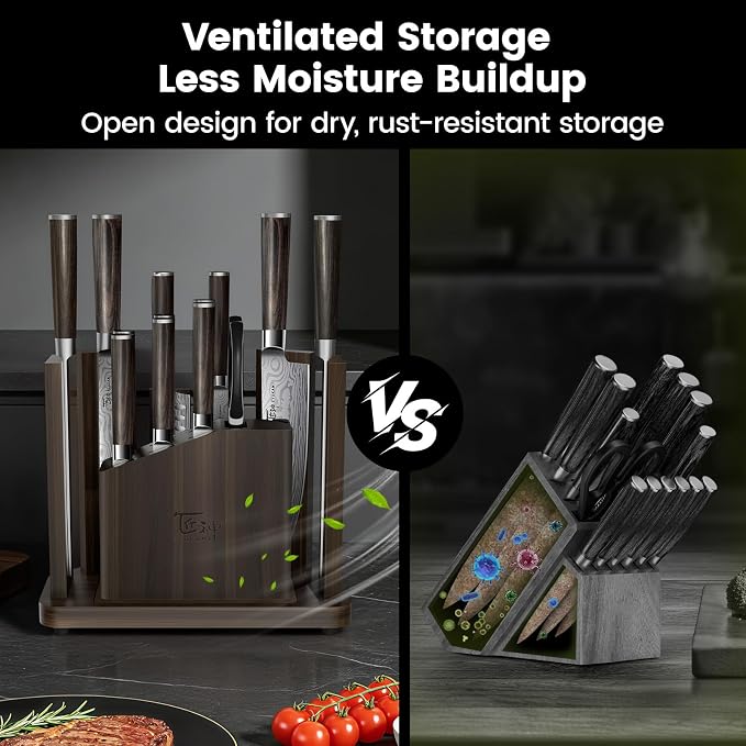 SYOKAMI 15-Piece Kitchen Knife Set with Magnetic Block, New for 2026, Detachable Steak Knife Block for Table Service, Built-In Sharpener, Wood Handle, Damascus Pattern, Housewarming Gifts