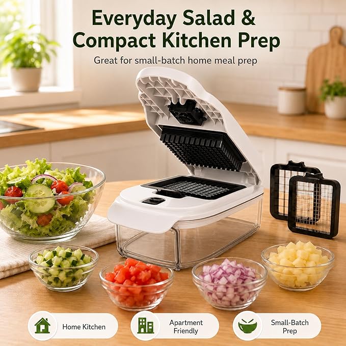 2-in-1 Vegetable Dicer, Onion Chopper with 6.7mm and 13.5mm Dicing Blades, 1.5L Food Prep Container for Salad, Potato, Tomato, Home Kitchen Meal Prep (White & Black)