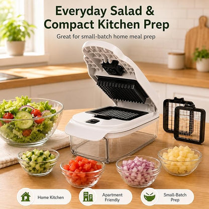 2-in-1 Vegetable Dicer, Onion Chopper with 6.7mm and 13.5mm Dicing Blades, 1.5L Food Prep Container for Salad, Potato, Tomato, Home Kitchen Meal Prep (White & Black)