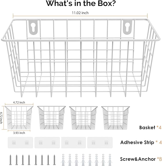 MaraFansie Hanging Wire Baskets Kitchen Storage Basket Adhesive and Screws Basket Over the Cabinet Door Organizer with Adhesive Strips and Screws Accessories, White, 4 Pack