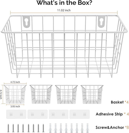 MaraFansie Hanging Wire Baskets Kitchen Storage Basket Adhesive and Screws Basket Over the Cabinet Door Organizer with Adhesive Strips and Screws Accessories, White, 4 Pack