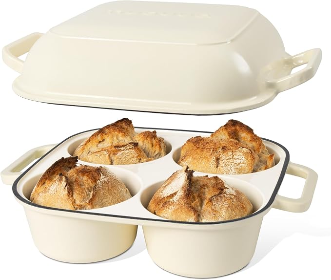 QuadPro Enamelled Cast Iron Bread Loaf Pot – Dutch Oven for Sourdough Bread Baking – 500°F Oven Safe Non Stick Bread Pot – 4 Round Loaf Spaces (4.90-inch Diameter), Cream – by Nuovva