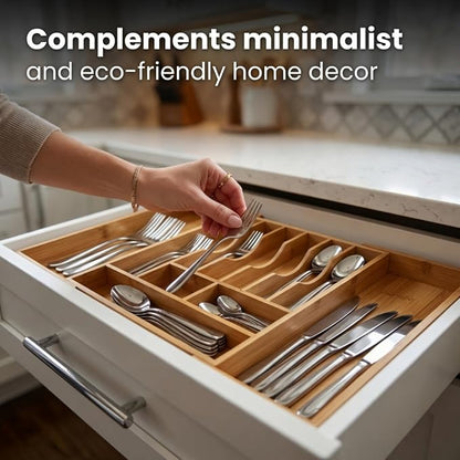 Expandable Bamboo Silverware Organizer for Drawer, 11 Compartments | Expands 18.5"-33", 11-13 Deep Slots with Adjustable Dividers, Solid Bamboo Construction, Non-Slip Design
