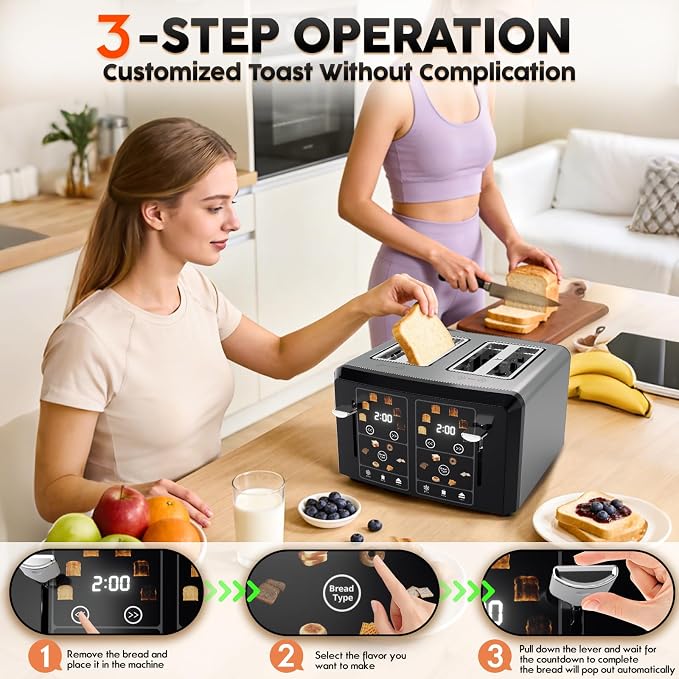 PULZO 4 Slice Toaster Wide Slot, LED Display, Dual Independent Control Panel, 6 Bread Modes, Defrost, Reheat & Timer, Digital Toasters for Bagel Muffin Waffle Gluten Free Breads