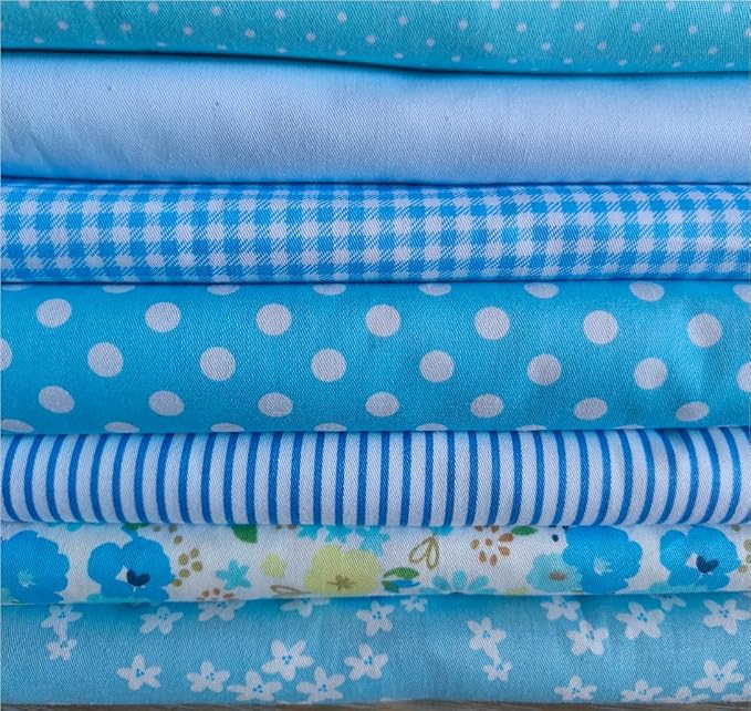 7PCS 9.8" x 9.8"(25 * 25CM) Quilting Fat Quarters Fabric Bundles, for Sewing Crafting,Print Floral Striped Polka Dot 100% Cotton Gingham Fabric (Blue Flowers, 25 * 25cm)