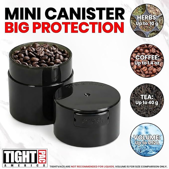 TIGHTPAC MINIVAC Portable Vacuum Seal Airtight Container – Keeps Coffee Beans, Grounds, Tea, Spices & Herbs Fresh Longer – Travel-Ready, NSF-Certified Food-Grade Storage, 10 to 30 Grams, Black Pearl