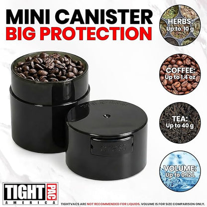 TIGHTPAC MINIVAC Portable Vacuum Seal Airtight Container – Keeps Coffee Beans, Grounds, Tea, Spices & Herbs Fresh Longer – Travel-Ready, NSF-Certified Food-Grade Storage, 10 to 30 Grams, Black Pearl