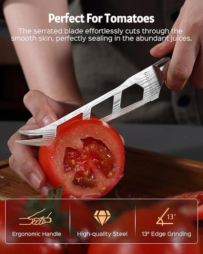 PAUDIN Cheese Knife, 5 Inch Serrated Knife, Multi-Use Tomato Knives with Ergonomic Pakkawood Handle, High Carbon Steel Ultra Sharp Small Kitchen Knives