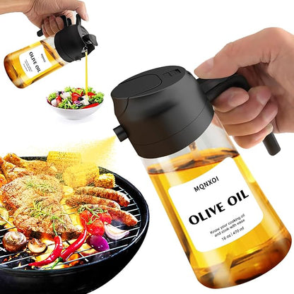 mqnxoi 2 in 1 Glass Oil Sprayer & Dispenser,16oz/470ml Olive Cooking, Air Fryer, and Salad, for Kitchen Gadgets and Air Fryer Accessories, w/Stickers (Black + White Bottle 2)
