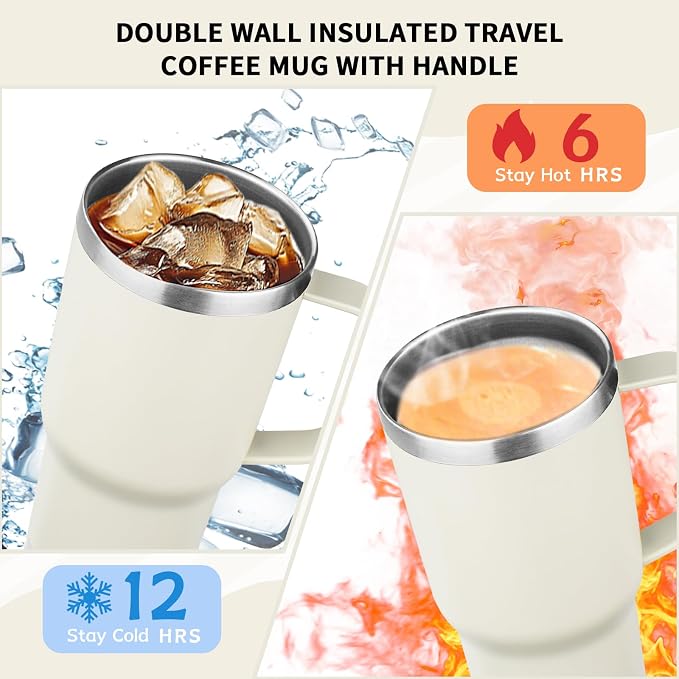 20oz Insulated Tumbler with Handle Stainless Steel Travel Coffee Mug with Lid and Straw Double Wall Vacuum Leak-proof Reusable Thermal Water Cup for Hot and Cold Drinks (Cream,1 Pack)