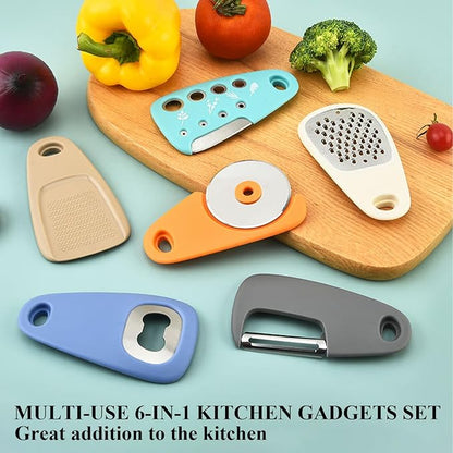 Kitchen Gadgets Set 6 Pieces, Space Saving Cooking Tools Kitchen Accessories-Garlic Grinder, Cheese Grater, Vegetable Peeler, Pizza Cutter, Herb Stripper, Bottle Opener, Gadgets Gift Set (Multicolor)