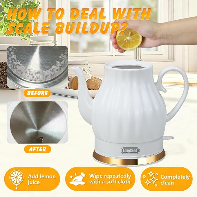Ceramic Electric Kettle, 1.5 Liters/1200W Electric Tea Kettle, Heats Water Quickly, Automatic Shut - off, Boil - Dry Protection, Free Of BPA, Matte White