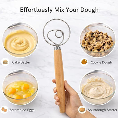 304 Stainless Steel Danish Dough Whisk for Sourdough 13 Inch – Super Sturdy Bread Whisk with Smooth Wooden Handle