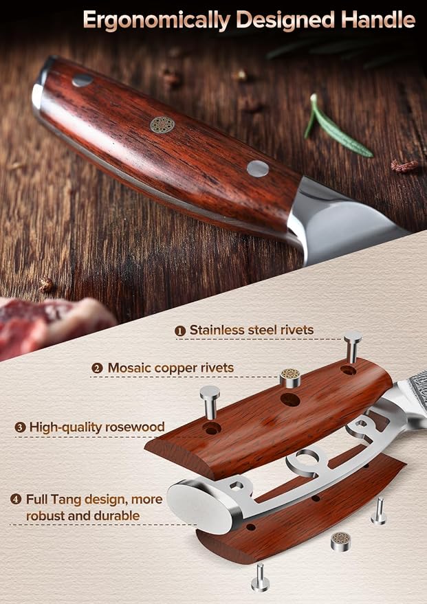 XINZUO 5 Pcs Knife Set, Professional Super Damscus Steel Kitchen Knife Set, Ultra Sharp Blade, Natural Rose Handle, Chef Gift Box-Yi Series