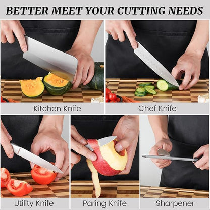Kitchen Knife Set, Retrosohoo 8-Piece Grey Sharp Non-Stick Coated Chef Knives Block Set,Stainless Steel Knife Set for Kitchen with Sharpener for Cutting Slicing Dicing Chopping (Grey)