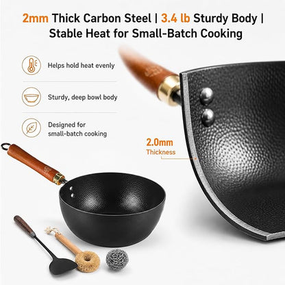 WANGYUANJI Carbon Steel Wok with Lid, 8.7" Small Mini Wok Pan, Thickened Heavy Duty Flat Bottom for Deep Frying, Camping & Solo Meals, Induction Ready, Seasoning Required