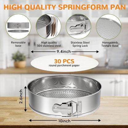 ZeroPone 10 Inch 304 Stainless Steel Springform Pan with Removable Bottom, Nonstick Round Spring Form Cheesecake Pan with 30 Pcs Parchment Paper Liners