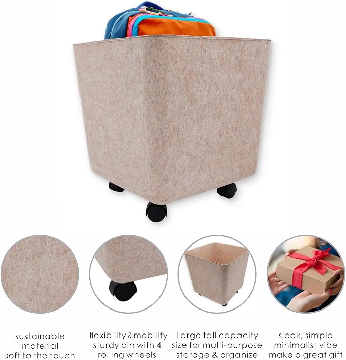 Welaxy Nodic large tall rolling Storage basket with wheels Mobile Office Felt open Bin for backpack Toys Pet Books Clothes throw blanket organize Closet Bathroom Pantry Kitchen (Oatmeal)