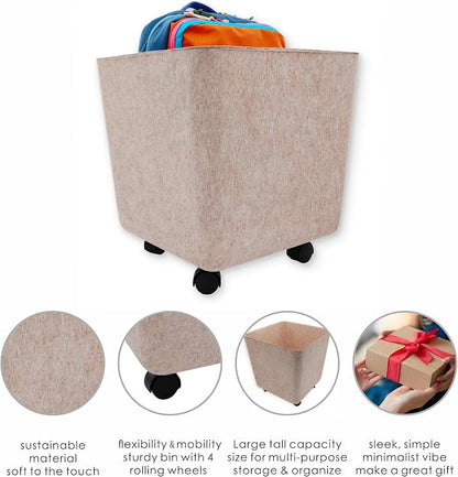 Welaxy Nodic large tall rolling Storage basket with wheels Mobile Office Felt open Bin for backpack Toys Pet Books Clothes throw blanket organize Closet Bathroom Pantry Kitchen (Oatmeal)