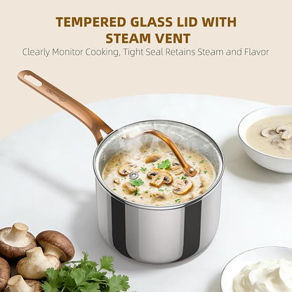 Ciwete 3 Quart Sauce Pan with Lid, Upgraded Tri-Ply Stainless Steel Saucepan with Mirror Polishing and 2 Scales, Induction Ready Cooking Pot with Stay-Cool Brass Handle, Dishwasher & Oven Safe