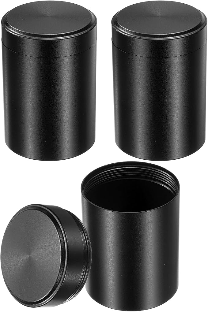 uxcell 3pcs Portable Storage Jar, Multipurpose Airtight Container Bottle Mini Smell Proof Metal Round Tins with Lid for Spices Black Tea Candy, Black