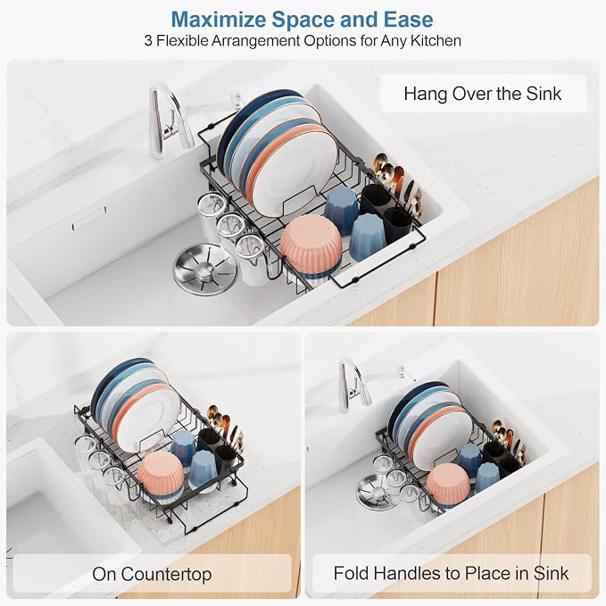 iSPECLE Expandable in Sink Dish Drying Rack with Cup Holder - Rust Resistant Adjustable Over the Sink Dish Drainer with Tightening Knob, Arms with Non Slip Rubber, Fits Sink 12.4"-17.1", Black
