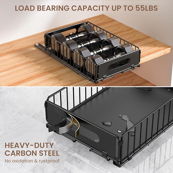 2 Pack Pull Out Cabinet Organizer, Heavy Duty Slide Out Drawer with No Drill Adhesive or Screw Mount, Carbon Steel Roll Out Shelf for Kitchen Cabinet, Pantry & Bathroom Storage