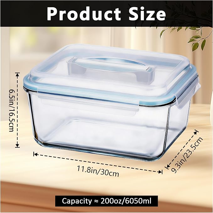 200oz Extra Large Glass Storage Containers with Airtight Locking Lid with Handle - 6000ml Large Glass Food Containers for Rotisserie Chicken/Turkey and Potluck, BPA Free Oven Safe