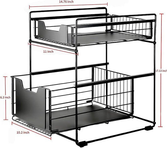2 Tier Under Sink Organizer,Slide Out Kitchen Cabinet Organizer,Pull Out Pantry Storage with 2 baskets, Office Supplies,Kitchen,Bathroom Organizer with Sliding Drawer,Large Capacity,Multi-Use