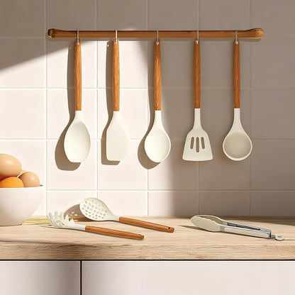 Kitchen Utensils Set - 12 Pcs Silicone Cooking Utensils Set with Wooden Handle - Heat Resistant Non-Stick BPA Free Spatula Set,Turner, Spoon, Brush, Silicone Kitchen Gadgets Utensil Set