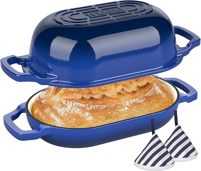 Enameled Cast Iron Dutch Oven Pot with Lid, Wildone 5.5QT Bread Oven for Homemade Sourdough Bread Baking with Cotton Potholders, Oven Safe up to 500°F, Blue