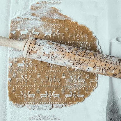 Christmas Embossed Rolling Pin for Baking Cookies Embossing Rolling Pins with Design Wooden Engraved Springerle Roller Pin Animal Dough Patterned Clay Pottery Ceramic Bakers Women (Reindeer & Tree)
