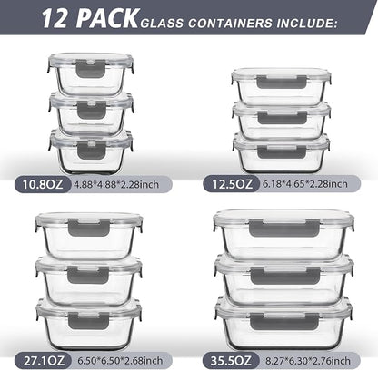 AILTEC 12 Pack Glass Food Storage Containers with Lids, Glass Meal Prep Containers Set with Leak Proof Lids, Airtight Lunch Container for Kitchen, Microwave, Oven, Freezer, Dishwasher Safe, Bpa free