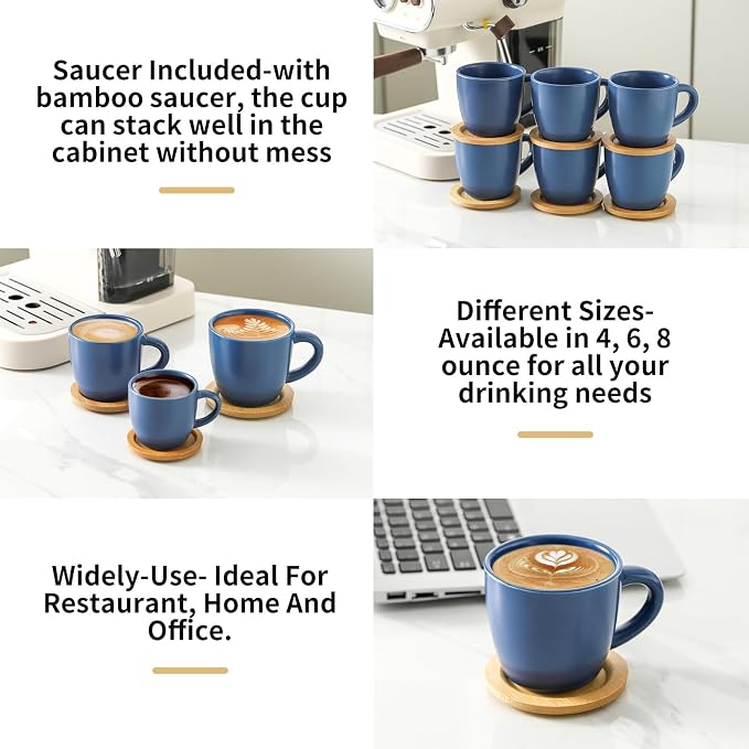 HASENSE 8 OZ Cappuccino Cups with Saucers, Ceramic Espresso Cups Set of 6, Coffee Cup with Handle for Double Shot, Latte, Mocha, Espresso Cups for Home and Office,Blue